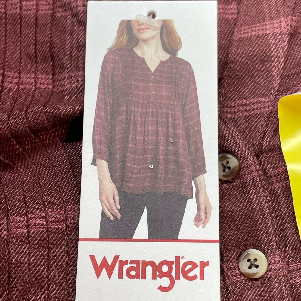 Western Boho Plaid Wrangler Peasant Blouse Burgundy Size S 3/4 Sleeve top NWT - Picture 8 of 13
